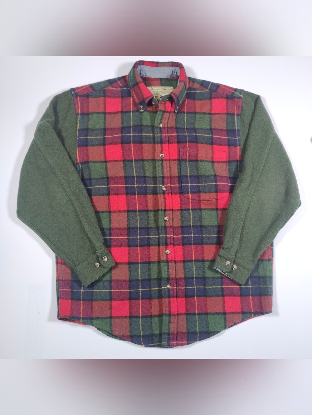 Vintage Eddie Bauer Shirt Mens M Green Red Plaid Wool Button Up Shacket